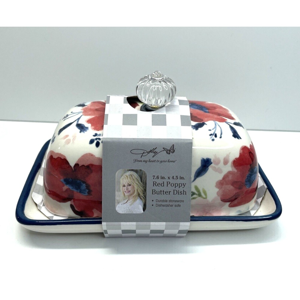 Dolly Parton Butter Dish‎ Red Poppy Floral Stoneware Spring